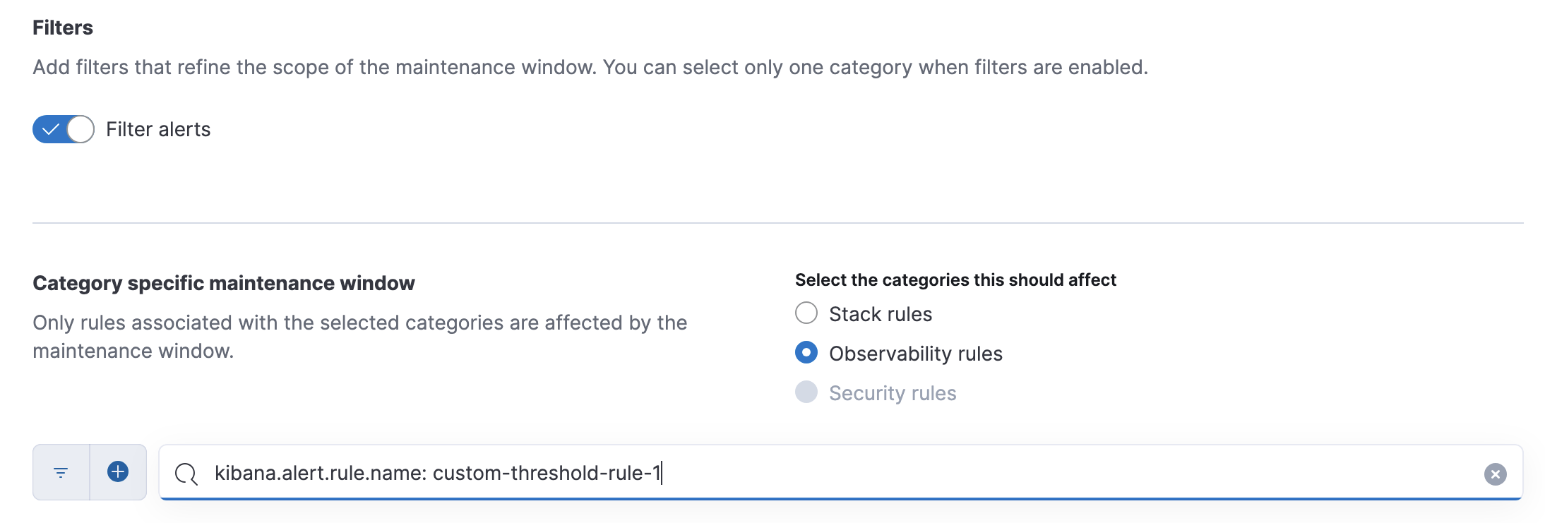 The Create Maintenance Window user interface in Kibana with a filter