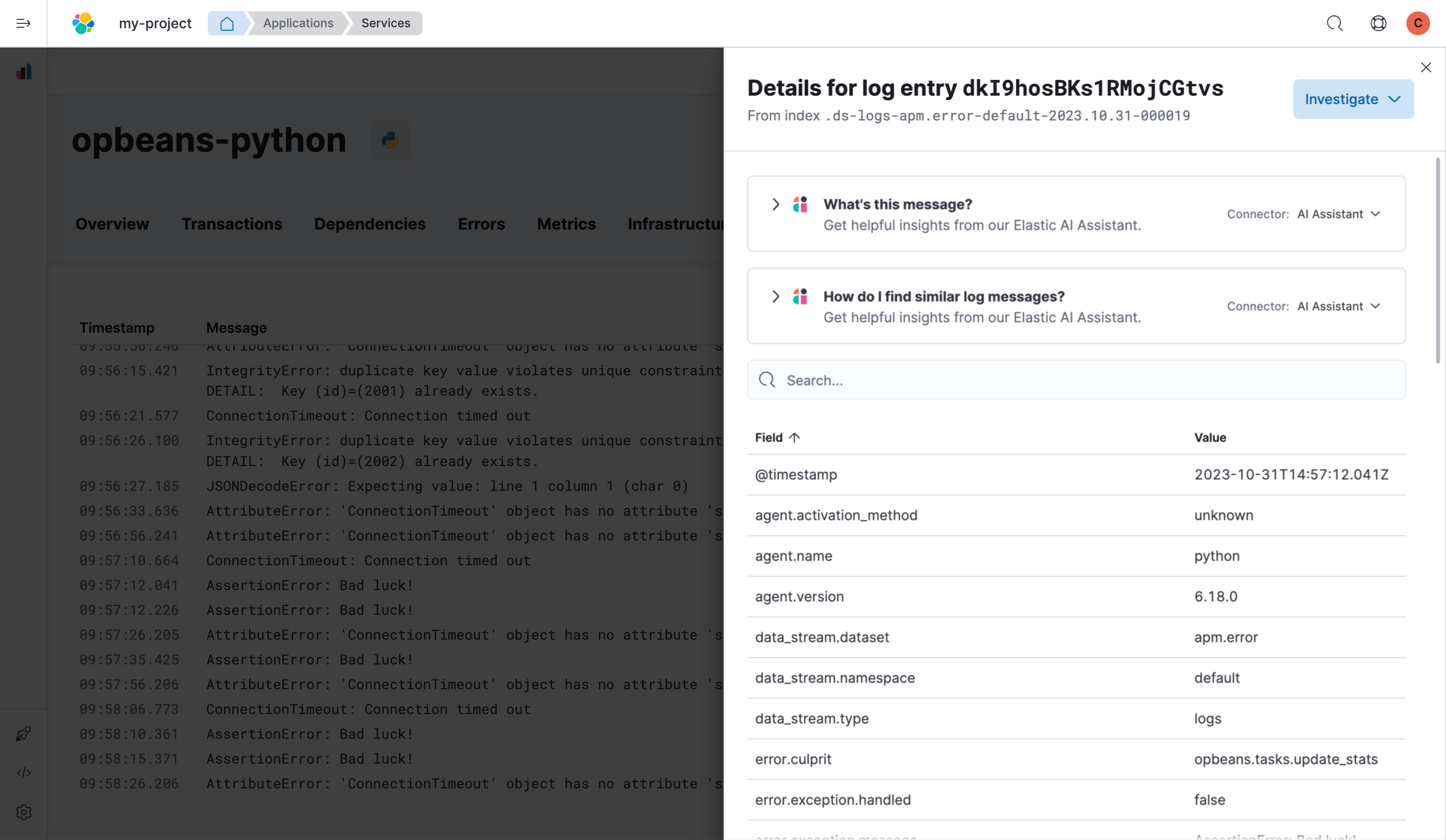 Observability AI assistant example prompts for logs