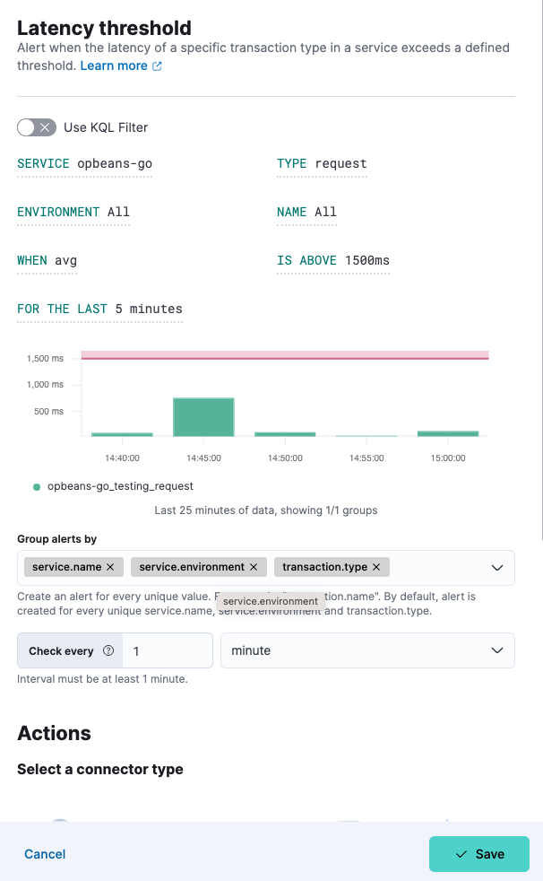 Create rule for APM latency threshold alert