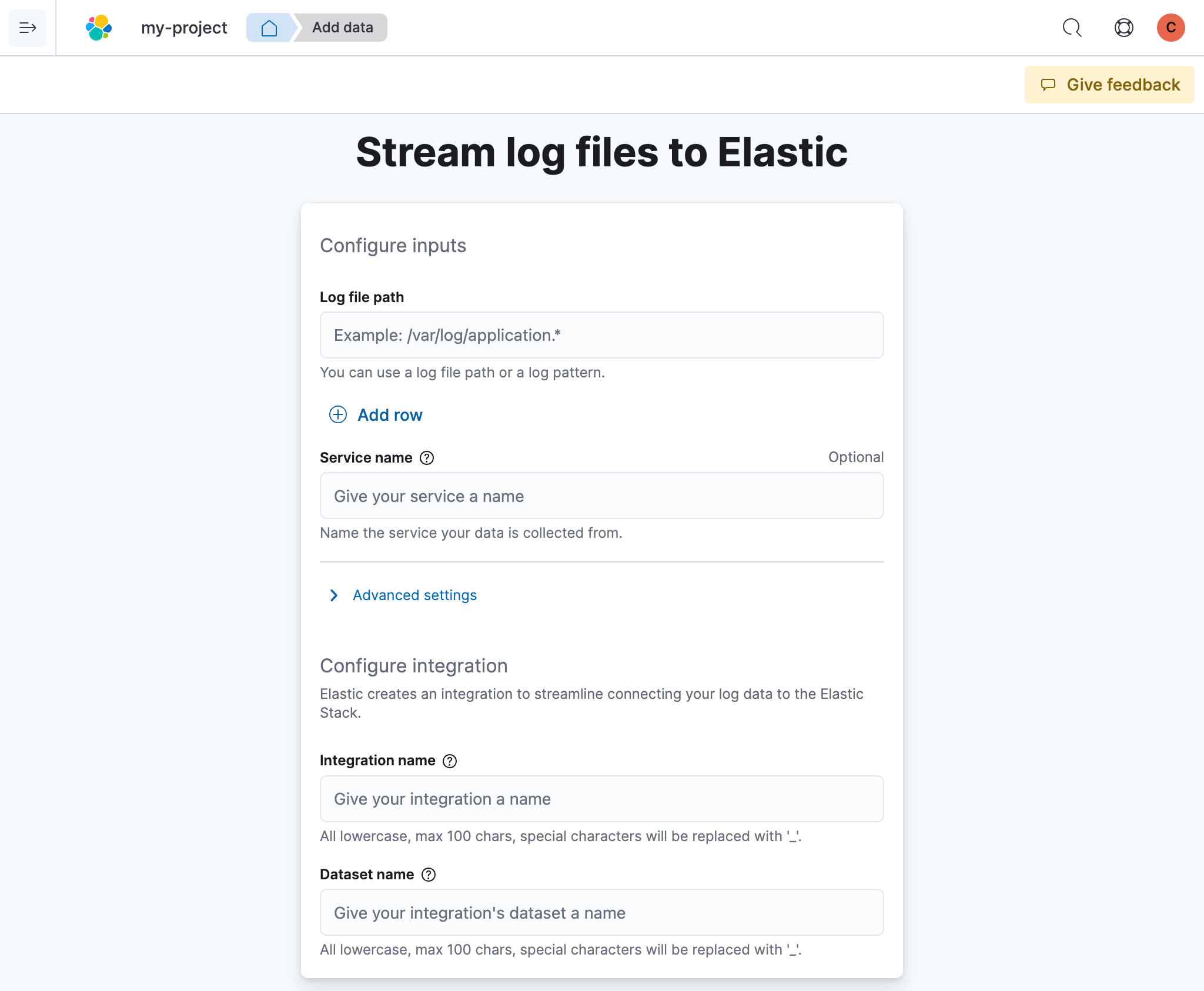 Configure inputs and integration in the Stream log files guided instructions