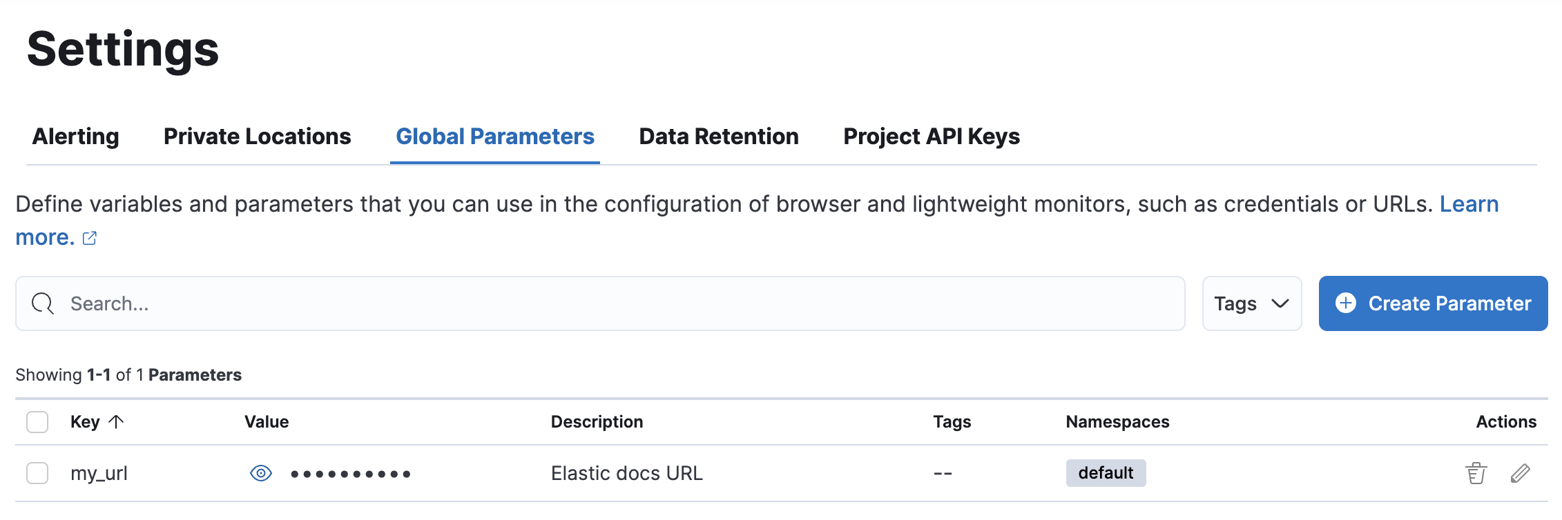 Global parameters tab on the Synthetics Settings page in an Observability project