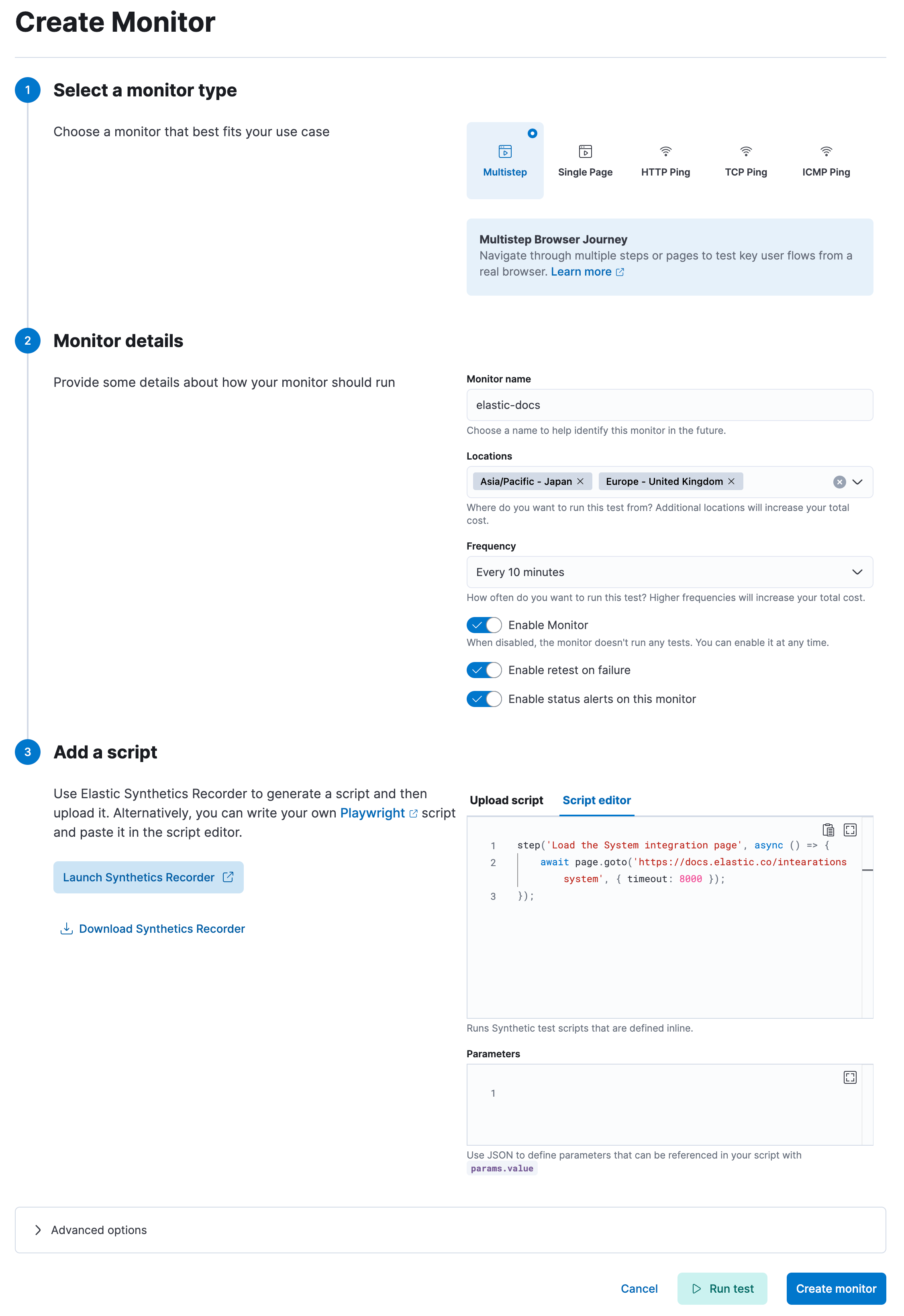 Configure a synthetic monitor using an inline script