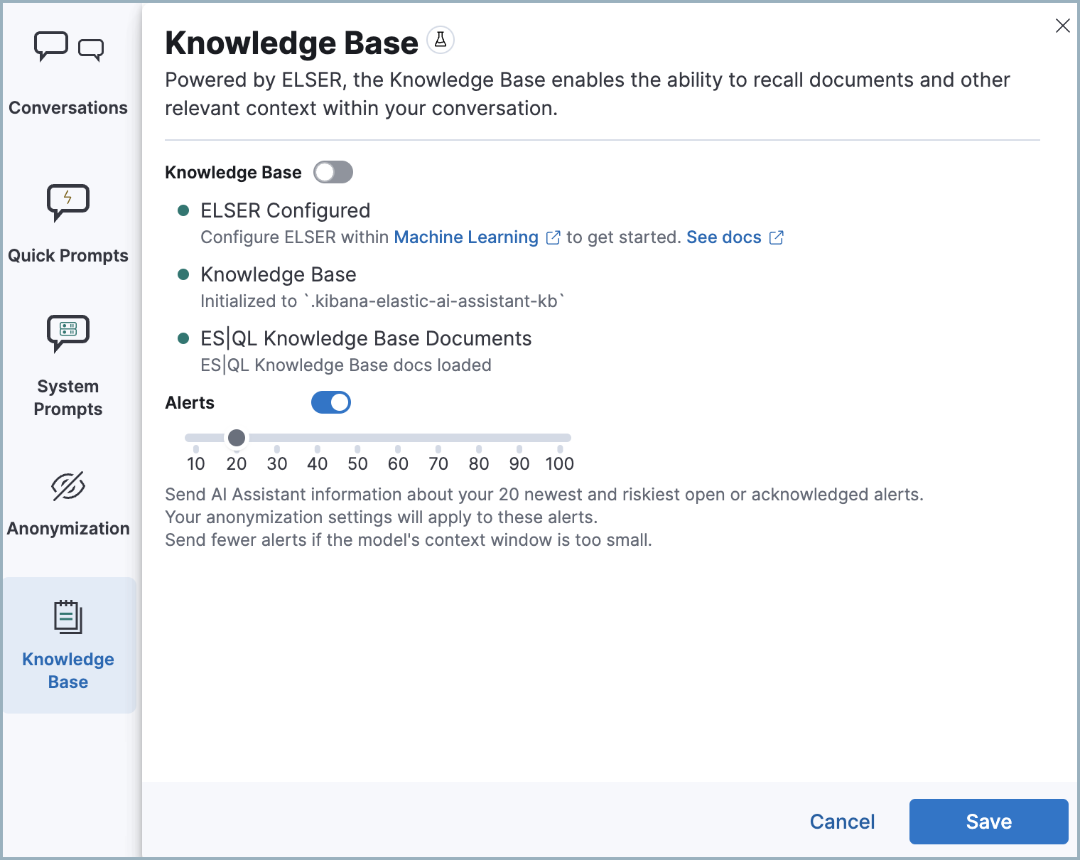 AI Assistant's settings menu, open to the Knowledge base tab