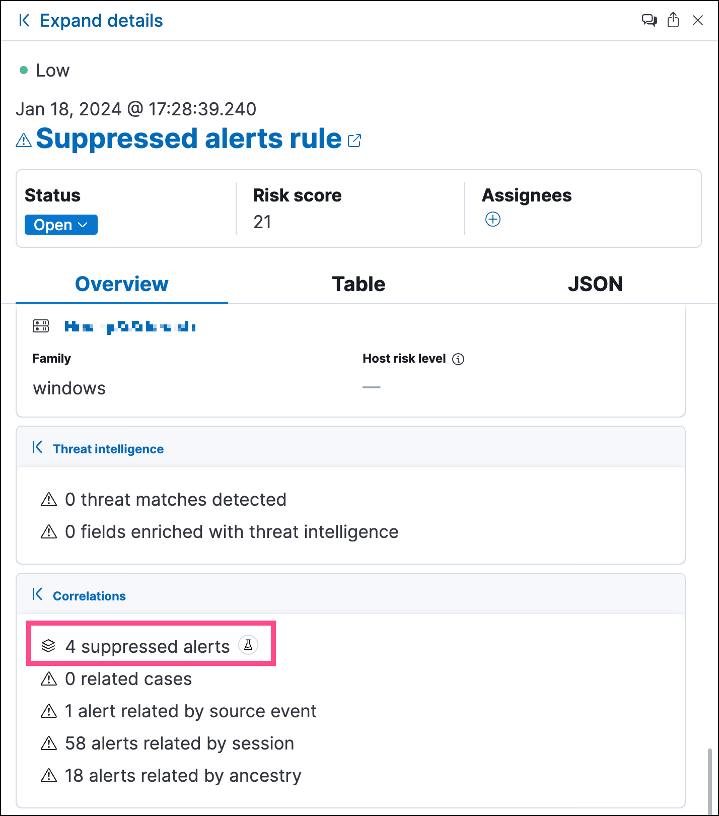 Suppressed alerts Insights section in alert details flyout