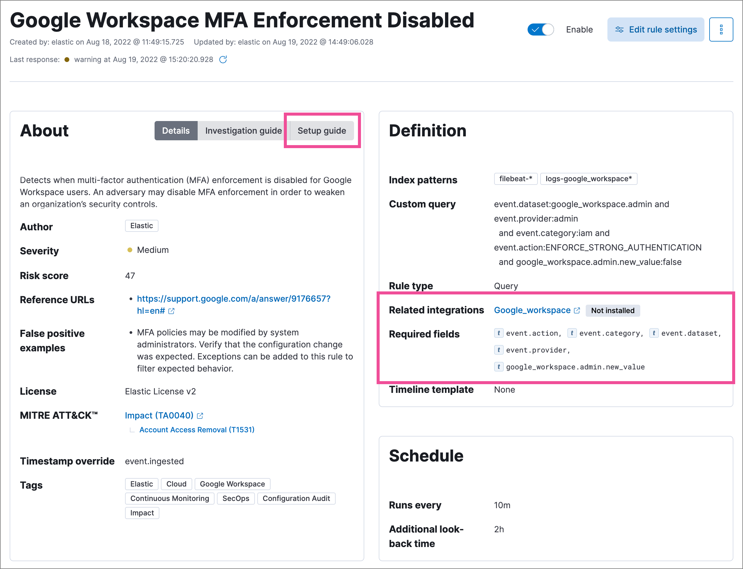 Rule details page with Related integrations, Required fields, and Setup guide highlighted